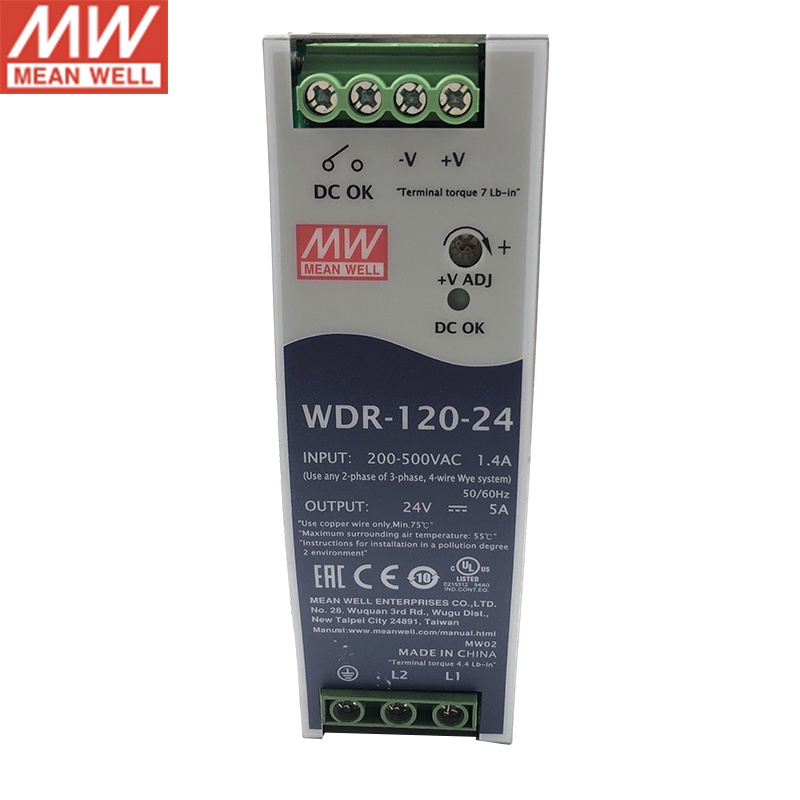 MEAN WELL WDR-120-24 120W 24V อินพุตกว้างพิเศษอุตสาหกรรม DIN Rail แหล่งจ่ายไฟ 180-550V AC ถึง 24V DC