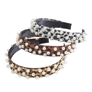 Korean Woman Pearl Leopard Headband Wide-brimmed Fashion Hairband Hair Accessories