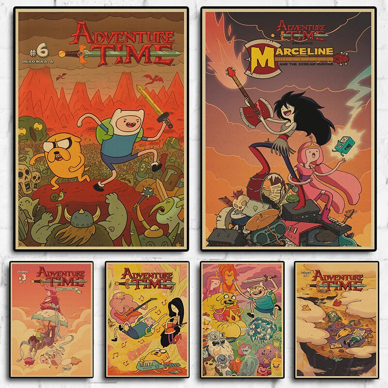 โปสเตอร์กระดาษคราฟท์ ลายแอนิเมชั่น Adventure Time with Finn and Ja สไตล์อเมริกันเรโทร สําหรับตกแต่งผนังบ้าน