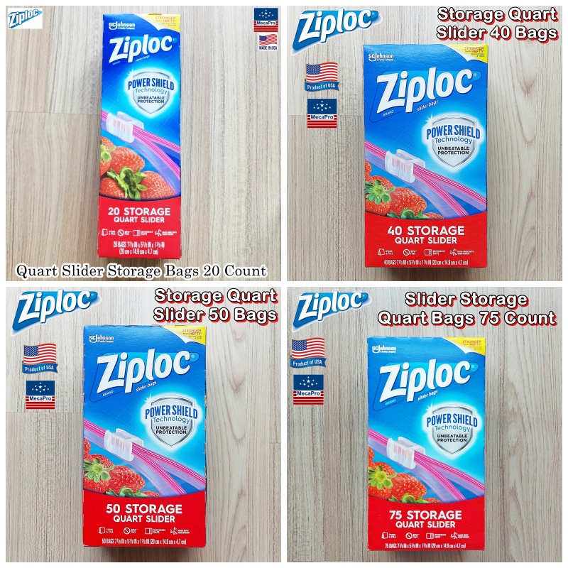 Ziploc® Storage Quart Slider Bags 20, 40, 50, 75 Count ถุงเก็บอาหาร ถุงอเนกประสงค์ Power Shield Technology
