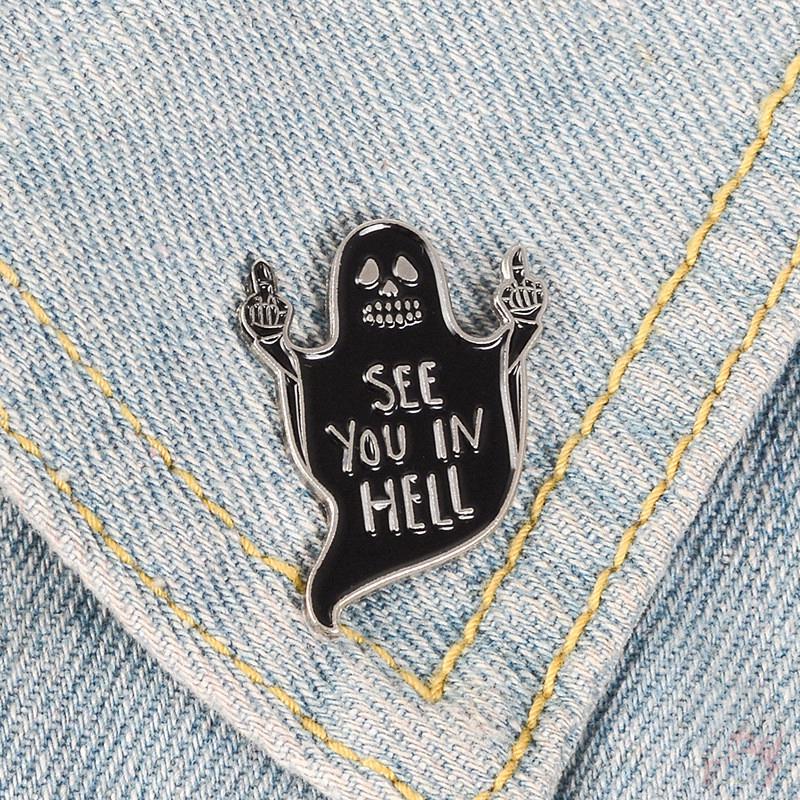 &gt; Ready Stock &lt; ❉ See You in Hell Pins ❉ 1Pc Punk Ghost Metal Collection Brooches Pins