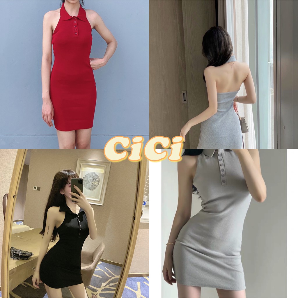 ส่งทันที Cici(NO. Q503)เดรสไหมพรมคอปก เว้าหลังเซ็กซี่ๆ