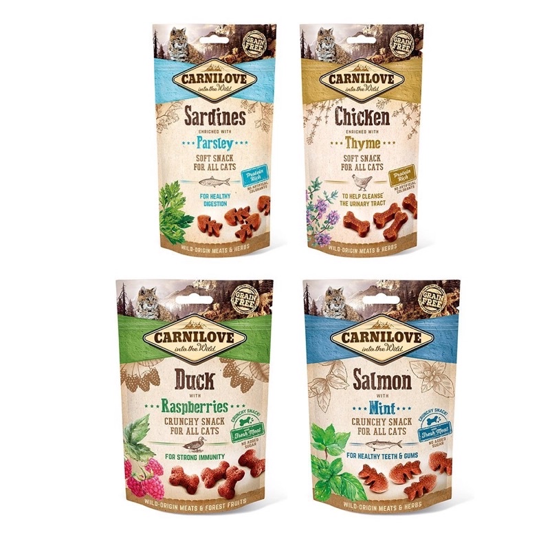 (พร้อมส่ง)ขนมแมวเกรนฟรี Carnilove crunchy & semi-moist Cat snack ขนาด 50g