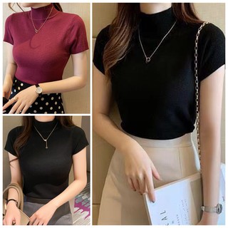 🔥Hot sale/ 2021 ฤดูใบไม้ผลิและฤดูร้อนใหม่ครึ่งคอสูง bottoming เสื้อเสื้อยืดผู้หญิงบางสั้นแขนสั้นถักเสื้อกับเสื้อสเวตเตอร