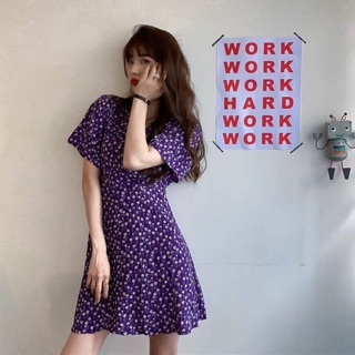 💜 Violet ribbon dress ชุดเดรสสั้น สีม่วง ลายดอกไม้เล็กๆ เนื้อผ้าชีฟอง ไม่มีซับใน 🌈