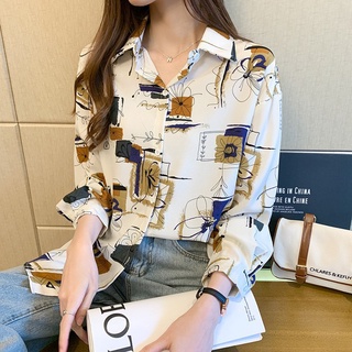 [Ready Stock] Women Retro Chiffon Blouse Hong Kong Style Loose Long Sleeve Printed Shirt