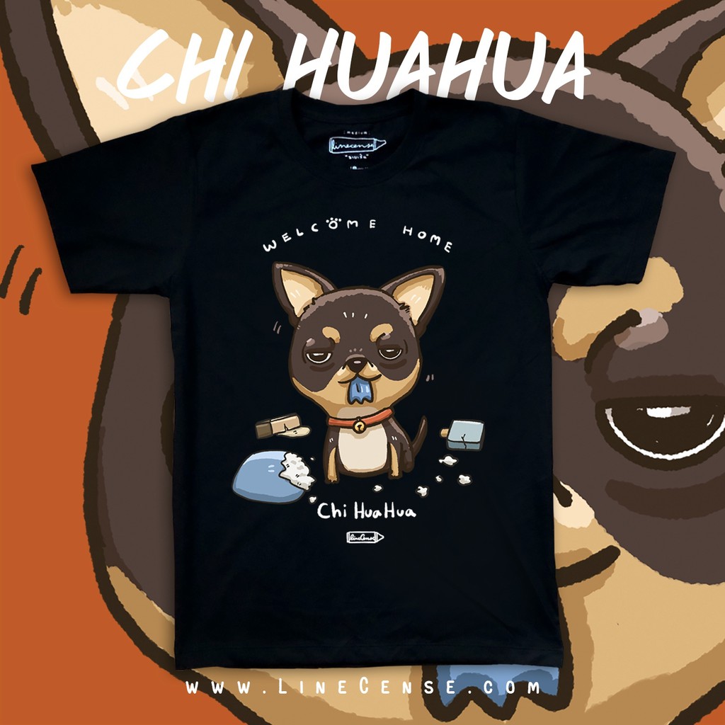 Chihuahua " welcome home " on Black Premium Cotton Comp 100 t-shirt เสื้อยืดพรีเมี่ยมสีดำ ลายชิวาวา