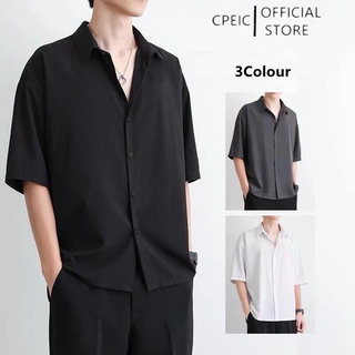 ☆Cpeic★เสื้อเชิ้ตแขนสั้น ผ้าเรยอน ป้องกันรอยย่น สีดํา แฟชั่นฤดูร้อน สไตล์เกาหลี สําหรับผู้ชาย