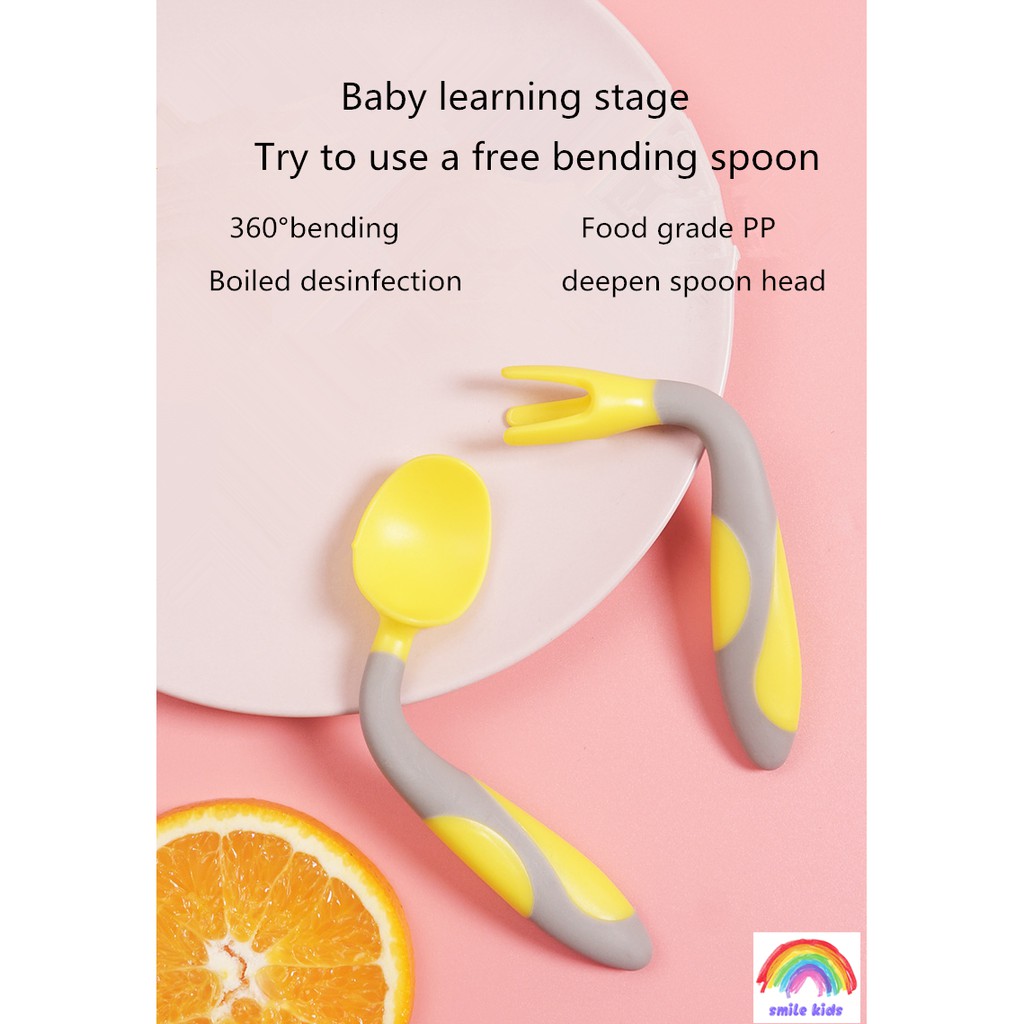 เด็กเรียนรู้ที่จะกินช้อนฝึกเด็กกินข้อศอกช้อนส้อมชุดหนึ่งปีเด็กโค้งBaby learn to eat training spoon and fork