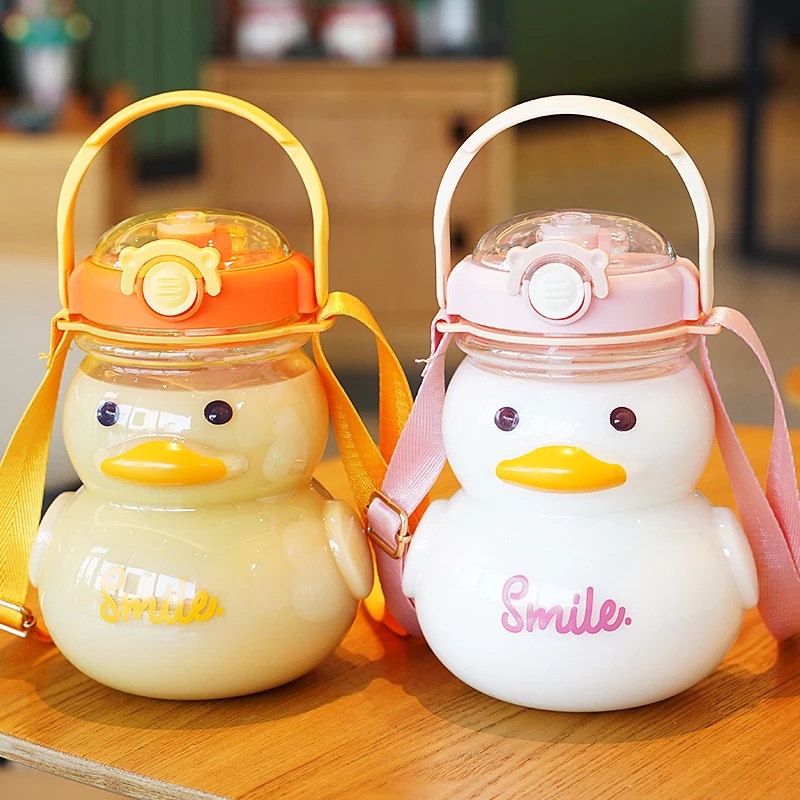 6501000ML Cute Duck Water Bottle With Straw For Girls Big Belly Plastic ...