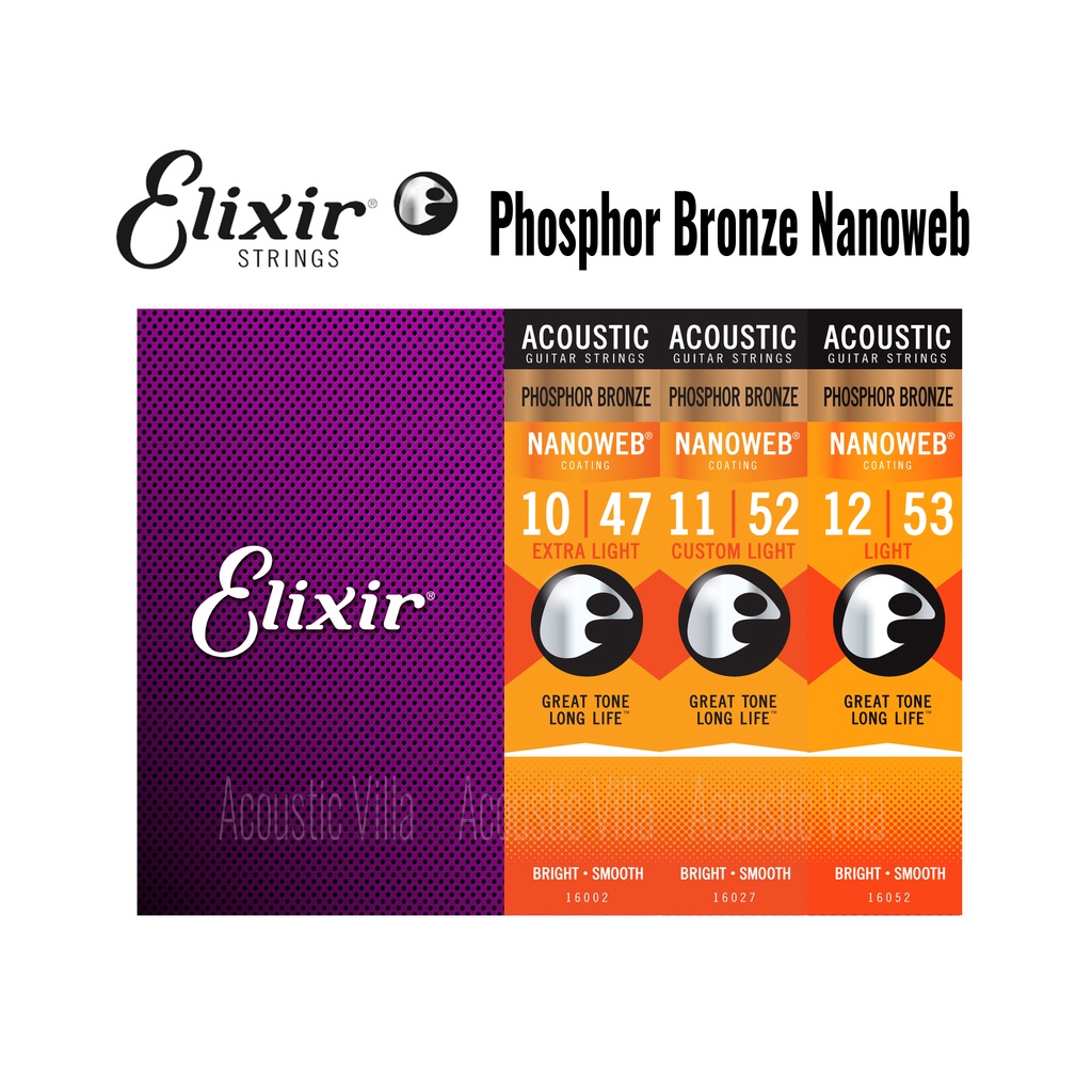 สายกีตาร์โปร่ง Elixir Phosphor Bronze Nanoweb Acoustic Guitar Strings