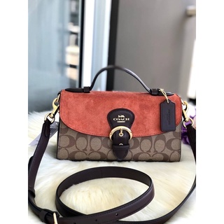 (ผ่อน0%) กระเป๋าสะพายข้าง KLEO TOP HANDLE IN SIGNATURE CANVAS (COACH C8516) ลายซี สีน้ำตาล ส้ม