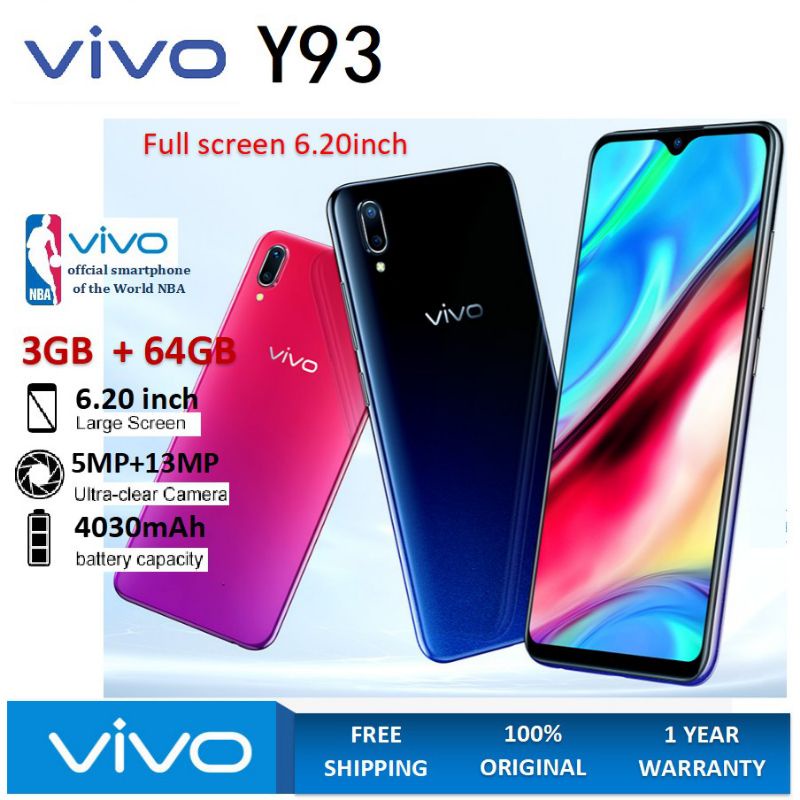 โทรศัพท์มือถือ สมาร์ทโฟน Vivo Y93 หน้าจอใหญ่ขนาด 6.22นิ้ว เครื่องแท้100% มีรับประกัน RAM4GB+ROM128GB