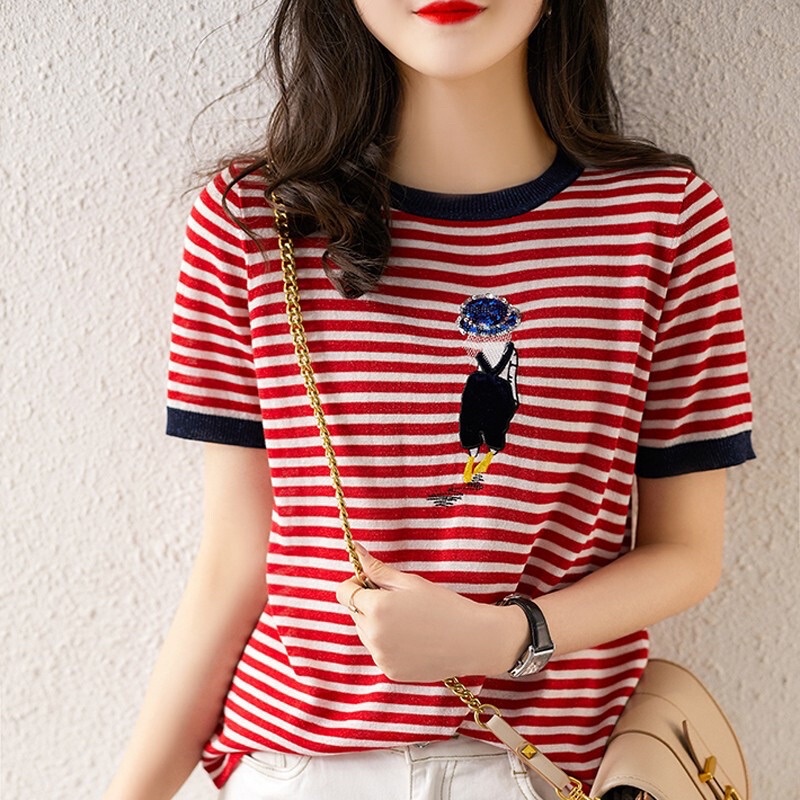 เสื้อไหมพรม ลายทาง ตกแต่งการ์ตูนน่ารัก แขนสั้น สไตล์เกาหลี น่ารักๆ ...