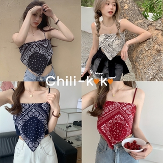 Chili_k❤️k❤️ 32036 เสื้อกล้าม สายเดี่ยว เสื้อครอป สไตล์เกาหลี เซ็กซี่ เสื้อกล้ามแขนกุด เสื้อปาดไหล่ เสื้อสายเดี่ยวซาติน