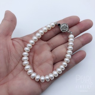 Pearl Shop สร้อยข้อมือ มุกแท้ ไข่มุกน้ำจืด ทรงซาลาเปา น้ำดี ผิวสวย ขนาด 6.5-7 มิล ขนาด 6 นิ้ว รวมตะขอ