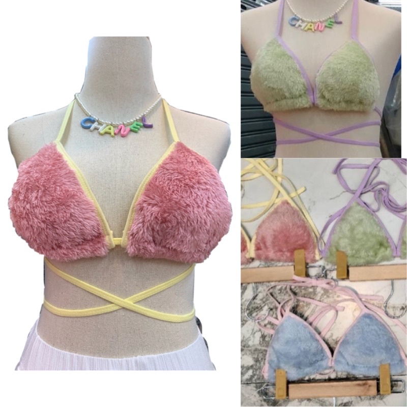 bra top บราบิกินี่สุดน่ารัก ขนฟูๆ แต่งแถบทูโทน พร้อมส่ง