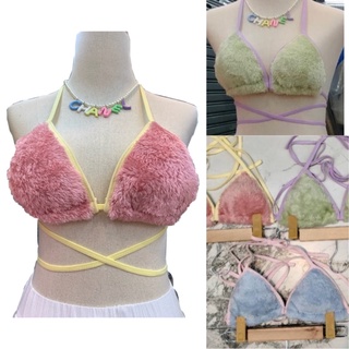 bra top 🍡👙 บราบิกินี่สุดน่ารัก ขนฟูๆ แต่งแถบทูโทน🔥พร้อมส่ง