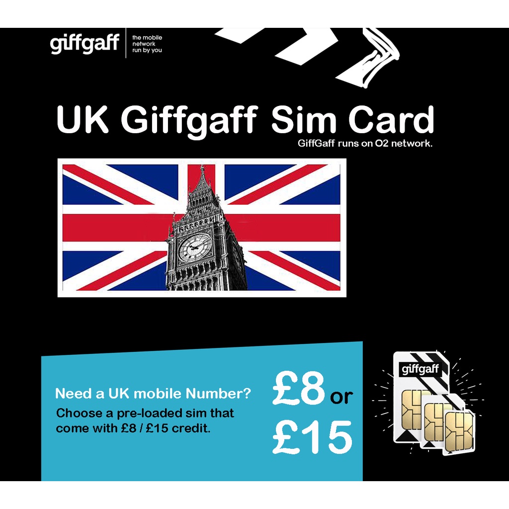 UK Giffgaffif Sim Card ล่วงหน้าด้วยเครดิต (15 ปอนด์)