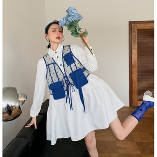 🌷พร้อมส่ง🌷[S0097] White dress &amp; chic blue vest ชุดเดรสเกาหลี เสื้อกั๊กสีน้ำเงิน ชุดเซ็ตเกาหลี เดรสน่ารัก ชุดทำงานผู้หญิง