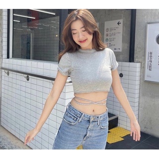 เสื้อครอปคอกลม ผูกเชือกเอวน่ารัก