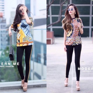 PP8148 Set เสื้อแขนสั้นพิมพ์ลายดิจิตอล+กางเกงเลคกิ้งแถบทอง