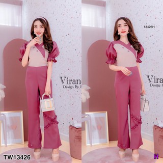 J13426 Jumpsuit จั๊มสูทขายาว แขนพอง แต่งระบาย ติดดอกไม้