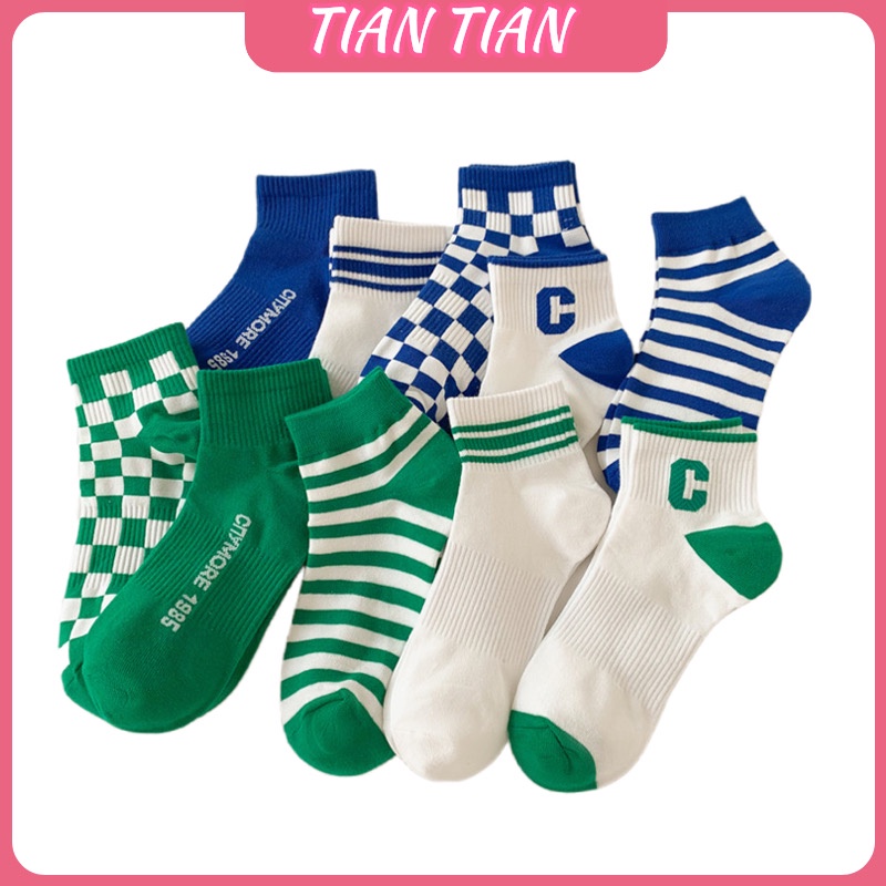 TIANTIAN T176 ถุงเท้ากีฬา ผ้าฝ้ายแท้ ปากตื้น ข้อสั้น ลายตารางหมากรุก สีเขียว แฟชั่นฤดูร้อน สําหรับผู้หญิง