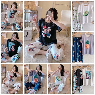 🔥พร้อมส่ง🛒ชุดนอนพิมพ์ลายการ์ตูน เสื้อยืดคอกลม+กางเกง ผ้านิ่มใส่สบาย😊(ชุดนอนเป็น Free size)