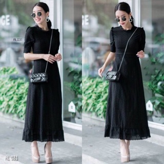 AL013 Maxidress เดรสลูกไม้แขนศอก ริบคอแต่งระบาย