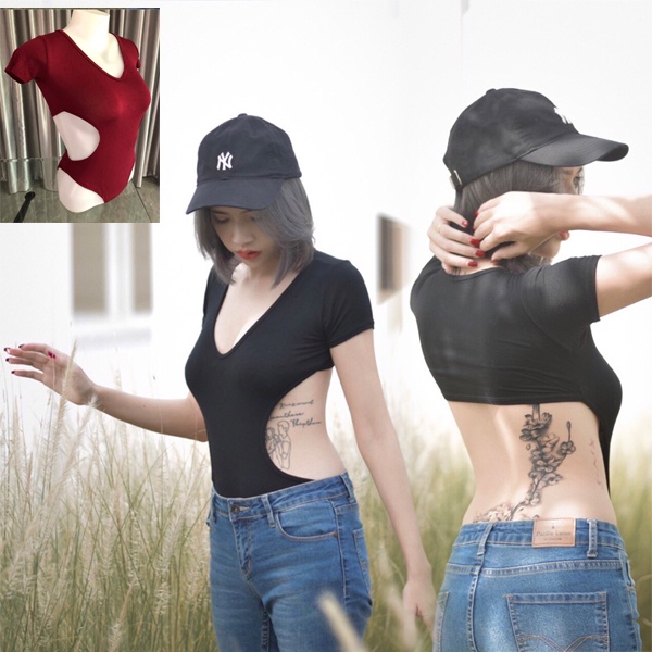 nidnoomstudioBodySuit บอดี้สูท เว้าเอว แขนสั้นเปิดหลัง ผ้าเรยอน ยืดได้เยอะใส่เข้ารูป เป้าแป็กกระดุมแกะได้ (260-)
