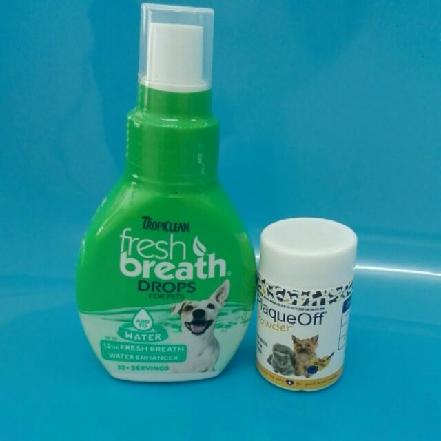 แพ็คคู่ tropiclean fresh breath drop 65ml + Proden plaqueoff ( plaque off ) 10g  ลดกลิ่นปาก ลดหินปูน สุนัขและแมว