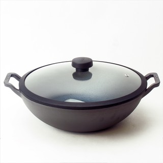 MEYER CAST IRON กระทะทรงจีนเหล็กหล่อ 2 หู พร้อมฝาแก้ว ขนาด 30 CM. CAST IRON KADAI (48186-C)