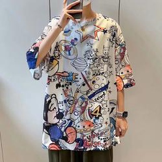 เสื้อยืดแขนสั้น พิมพ์ลายการ์ตูนกราฟฟิติ ทรงหลวม ขนาดใหญ่ แฟชั่นฤดูร้อน สไตล์ญี่ปุ่น สําหรับผู้ชาย