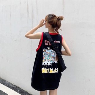 🔥พร้อมส่ง🔥 BF สไตล์ hip-hop street พิมพ์เสื้อยืดหลวมแขนกุดเวอร์ชั่นเกาหลีของ ins tide sports vest women