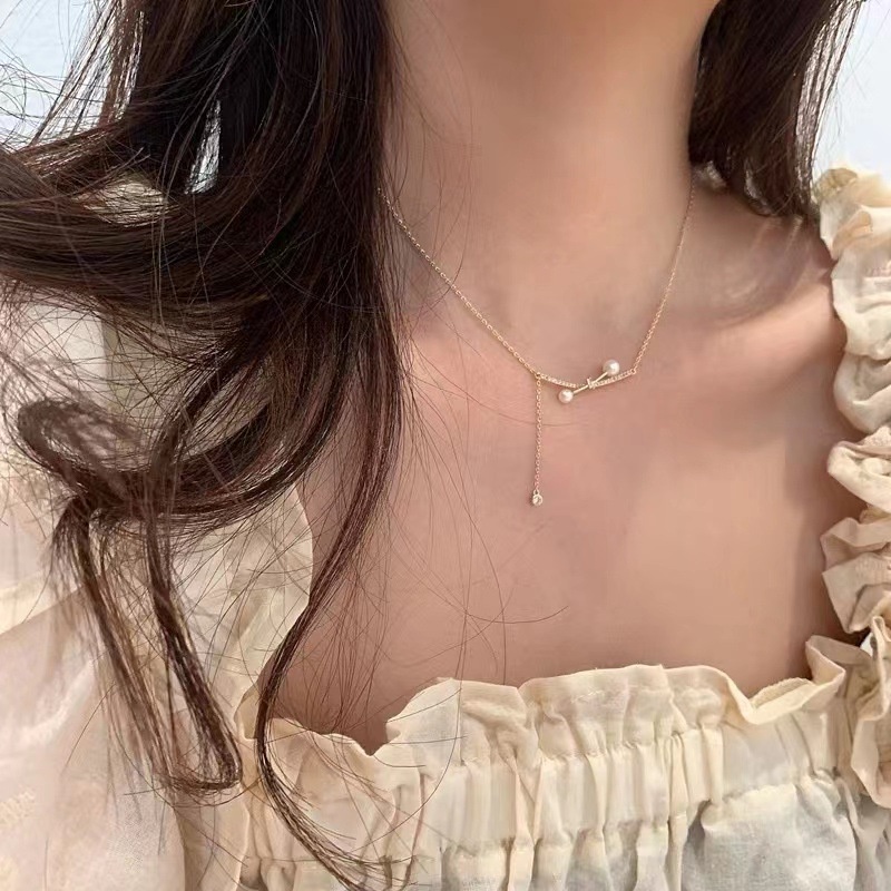 เครื่องประดับ สร้อยคอ สายโซ่ไทเทเนียม จี้คริสตัล ประดับไข่มุก สีทอง แฟชั่นสําหรับผู้หญิง