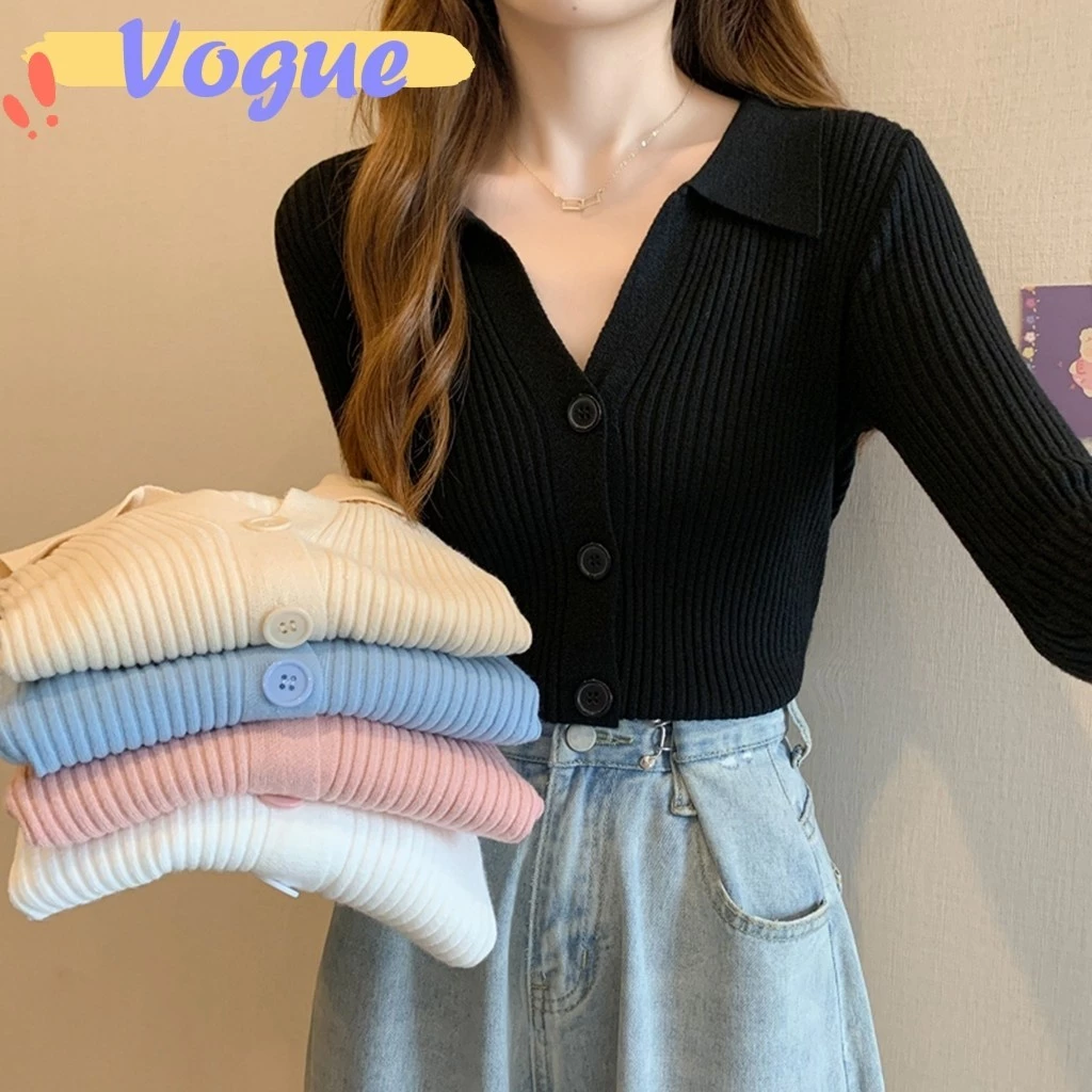 Vogue​🌟​พร้อมส่ง​🌟 เสื้อแขนยาวไหมพรม คอปก กระดุมด้านหน้าสีพาสเทลน่ารัก (13088) -C