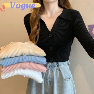 Vogue​🌟​พร้อมส่ง​🌟 เสื้อแขนยาวไหมพรม คอปก กระดุมด้านหน้าสีพาสเทลน่ารัก (13088) -C