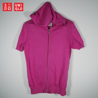 🌺Uniqlo ฮู้ดแขนสั้น งานไหมพรม บางๆนุ่มๆ size M สีชมพูบานเย็น สีสันสดใส มือสองสภาพมือหนึ่ง🌺