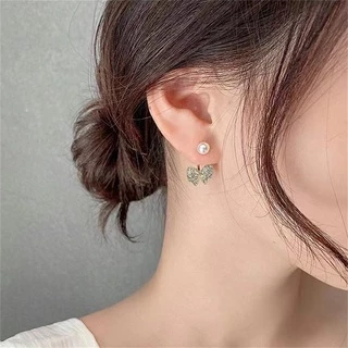 ต่างหูเข็มเงิน ประดับโบว์ มุก พลอยเทียม สไตล์เกาหลี พร้อมส่ง