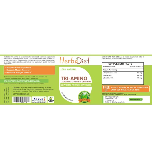 Tri-Amino L-Arginine L-Lysine L-Ornithine Veg Capsules Men Muscle Workout Energy 60 cap ผลิตภัณฑ์อาห