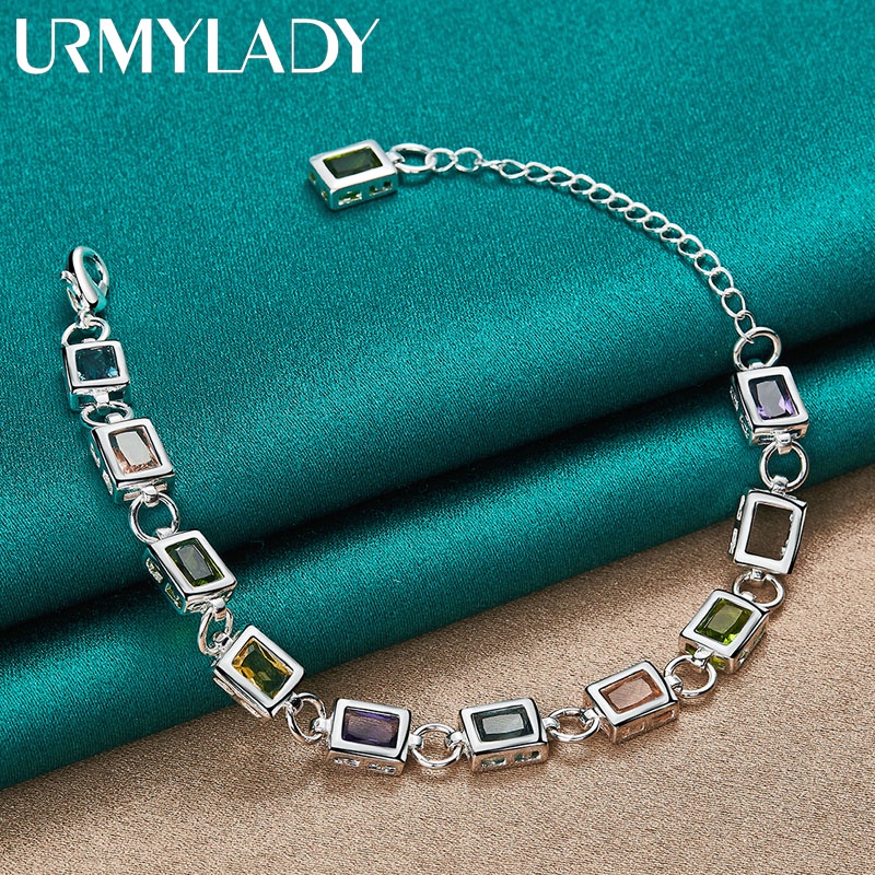 Urmylady สร้อยข้อมือเงินสเตอร์ลิง 925 ฝังเพทาย AAA หลากสี เครื่องประดับ สําหรับผู้หญิง งานแต่งงาน งานหมั้น ปาร์ตี้
