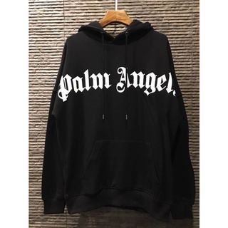 PALM ANGELS BLACK/WHITE FRONT LOGO PRINT OVERSIZED PULLOVER HOODIE AW20 เสื้อฮู้ดดี้ กันหนาวแขนยาว สีดำ ปาล์มแองเจิล