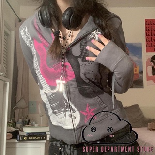 Super- เสื้อโค้ท มีฮู้ดดี้ มีซิป ลาย E-girl Gothic Grunge Y2K สไตล์วินเทจ เรโทร สําหรับผู้หญิง