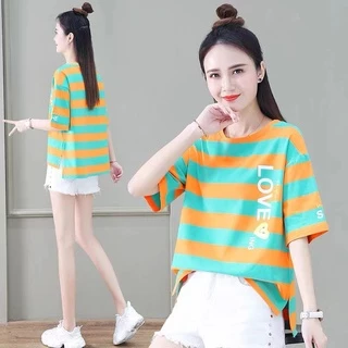 เสื้อยืดแฟชั่นผู้หญิงลายทางแขนสั้นคอกลม เนื้อผ้าดีใส่สบาย! New Fashion women's #HAN SY SOCIETY