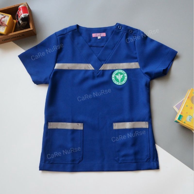 #เสื้อEMSสำเร็จรูปคอวีสีน้ำเงิน ผ้าวาเลนติโน่ (ราคาต่อชิ้น)