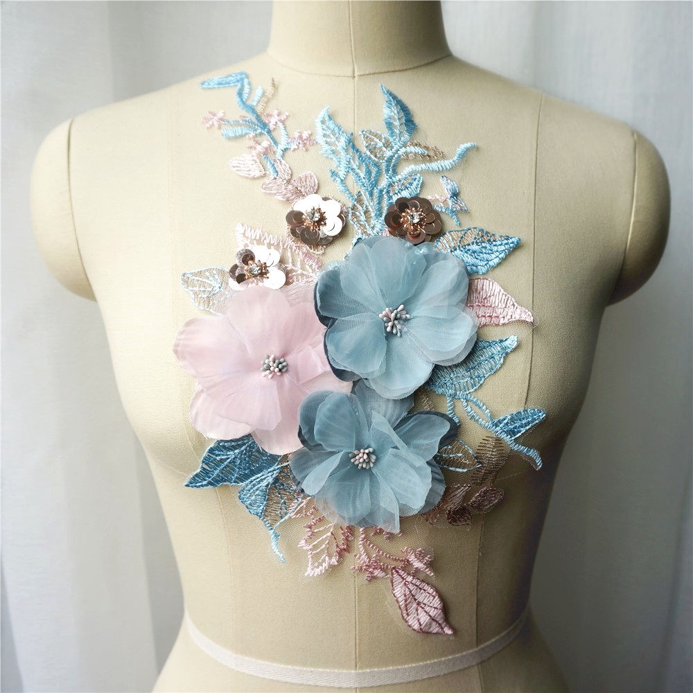 เย็บปักถักร้อยลูกไม้ Applique เลื่อมคริสตัลดอกไม้ผ้า Collar Patch ชุดแต่งงานชุดเจ้าสาว DIY