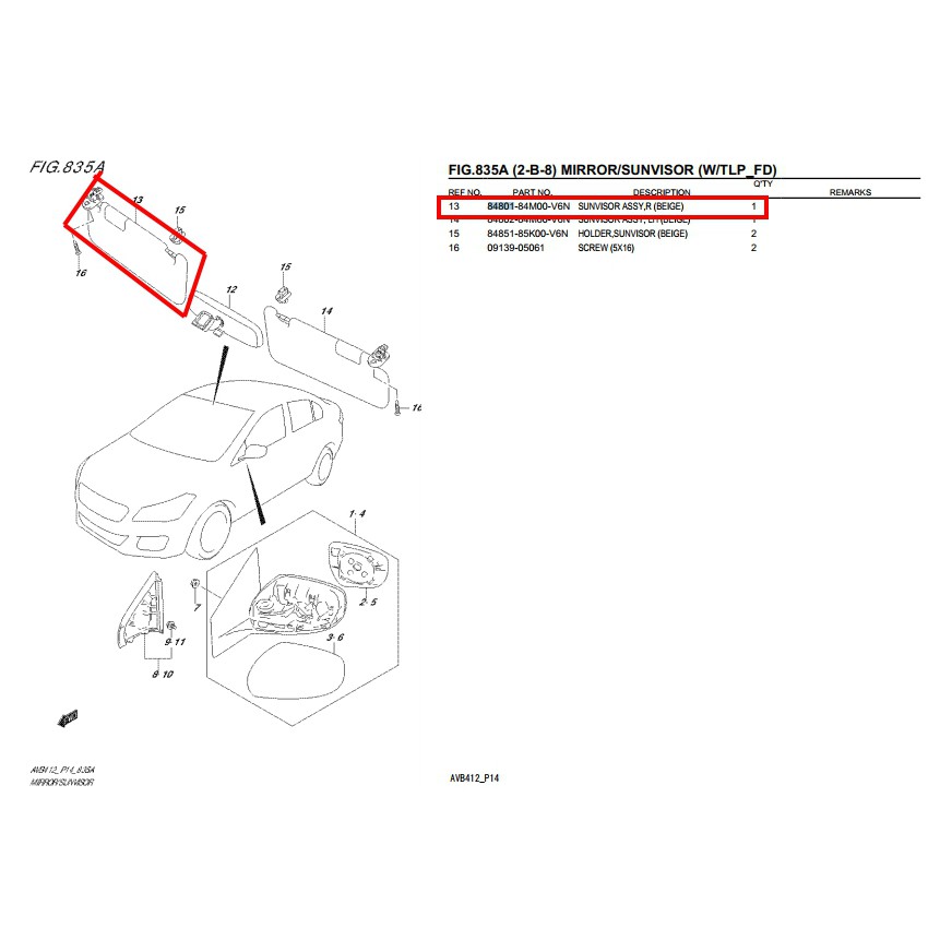 ชุดบังแดดข้างขวา (แบบมีกระจก) SUZUKI CIAZ 84801-84M20-V6N