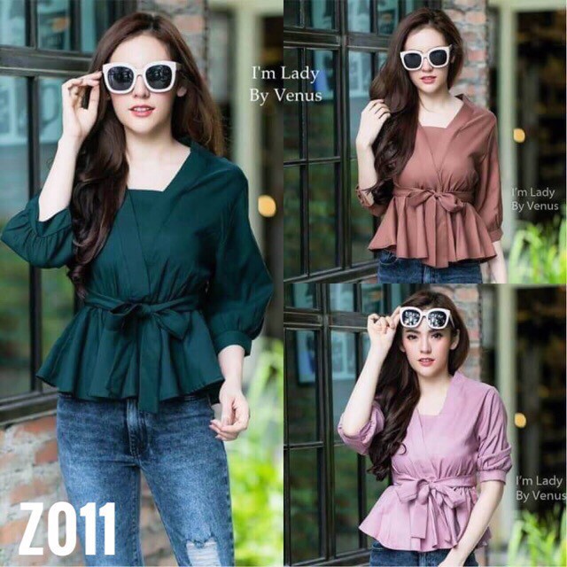 Z011 TARA Stirt เสื้อคอวี มีเกาะอกในตัว แขนห้าส่วน จั๊มเอว ผูกโบว์หน้าหลังได้ เนื้อผ้าซาร่า ผ้าเนื้อดี ใส่สบาย ไม่ร้อน