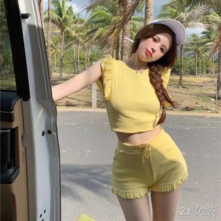 ชุดเสื้อยืด + กางเกงขาสั้นลูกไม้ ชุดเซ็ทเสื้อกล้ามผู้หญิง 2 ชิ้น